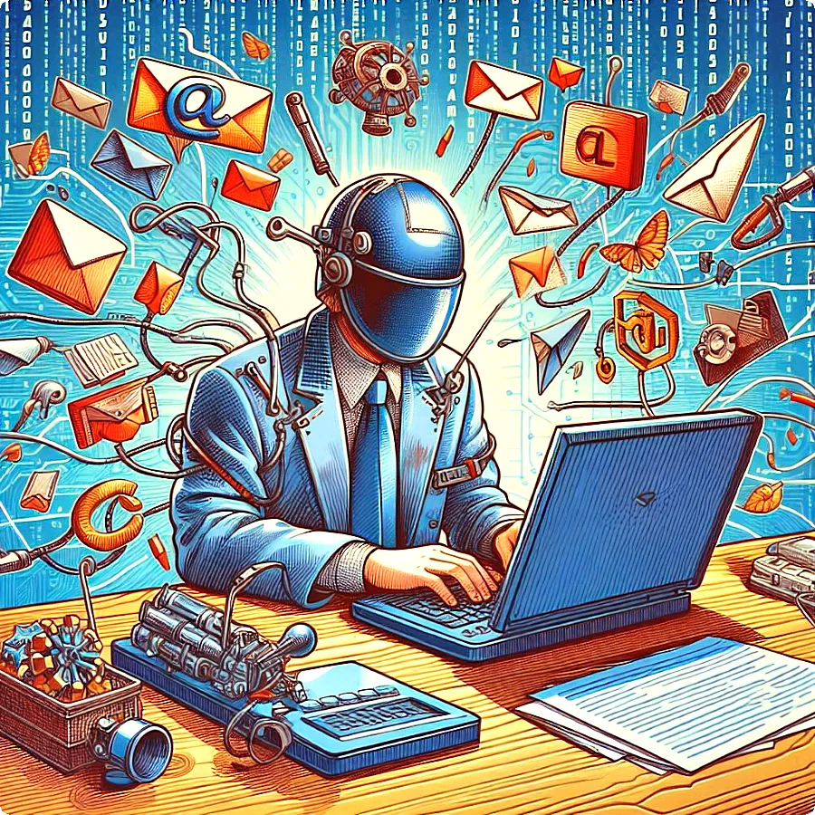 Иллюстрация защиты email: человек в шлеме работает на ноутбуке, вокруг него летают защищённые письма и символы @, фон с цифровым кодом. Защита от спама и ботов.